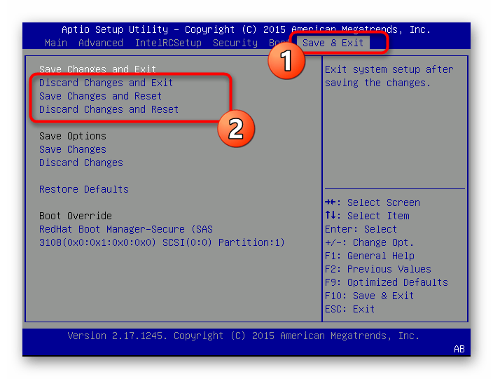 Использование опций в меню с настройками для выхода из BIOS в Windows 7