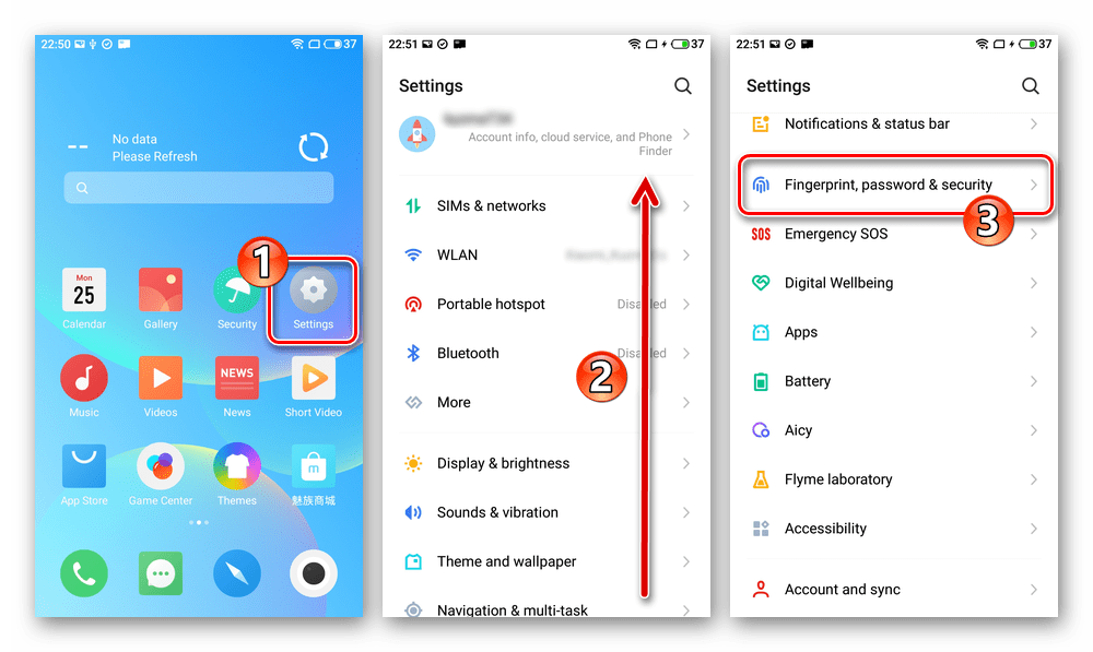 Meizu M5 Note Flyme 8 A Settings - Fingerprint, password and Security