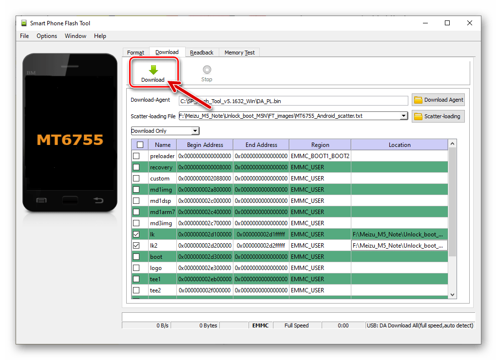 Meizu M5 Note Разблокировка загрузчика - прошивка разделов lk и lk2 данными из специализированного образа через SP Flash Tool