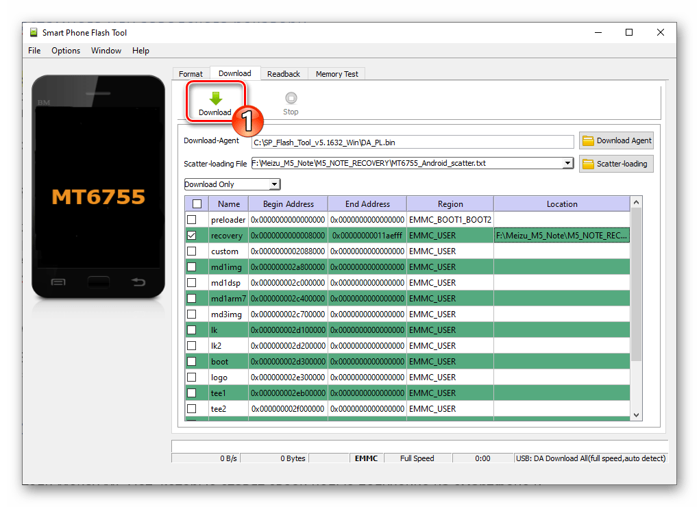 Meizu M5 Note SP Flash Tool начало установки рекавери смартфона через программу