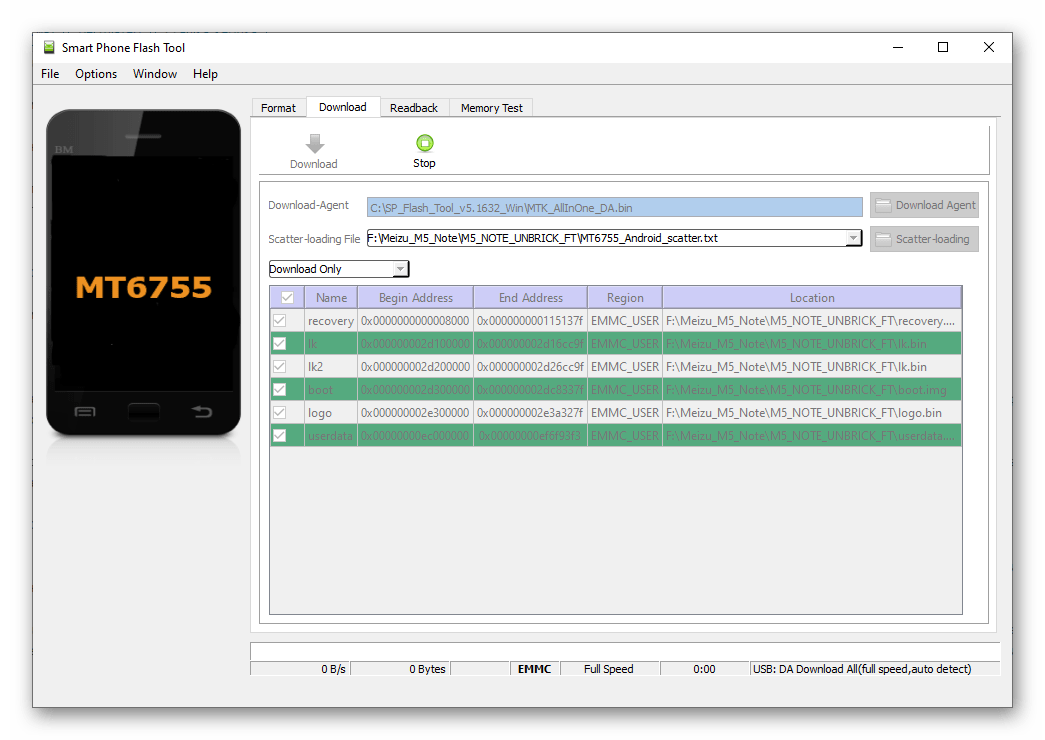 Meizu M5 Note SP Flash Tool ожидание подключения смартфона для прошивки
