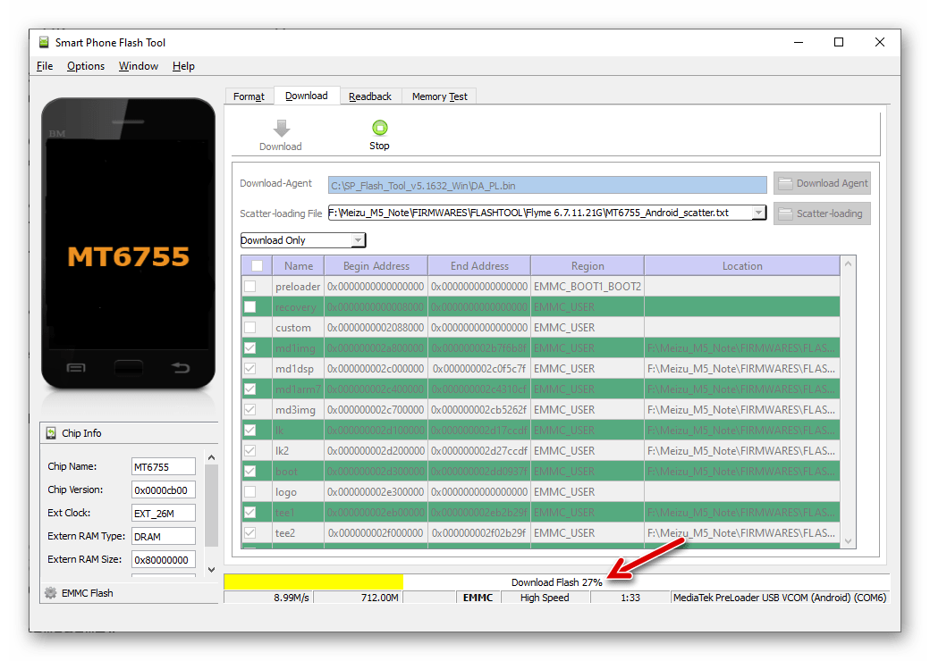 Meizu M5 Note SP Flash Tool процесс установки прошивки на девайс через программу
