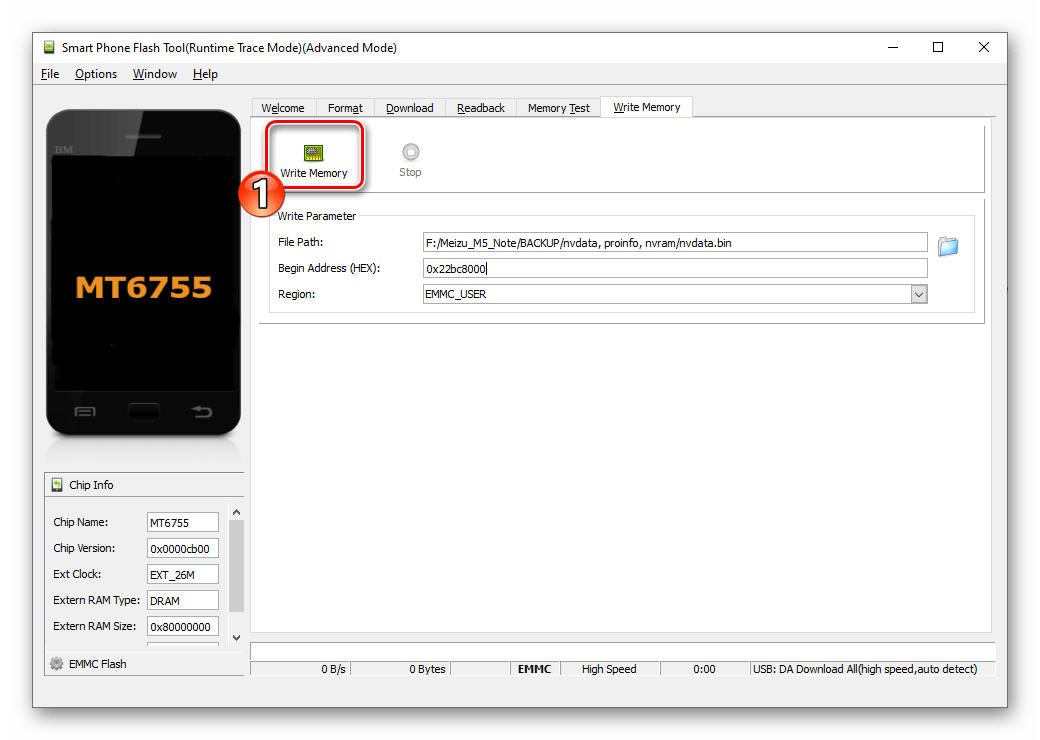 Meizu M5 Note SP Flash Tool Write Memory - начало процедуры записи данных из бэкапа в раздел памяти смартфона