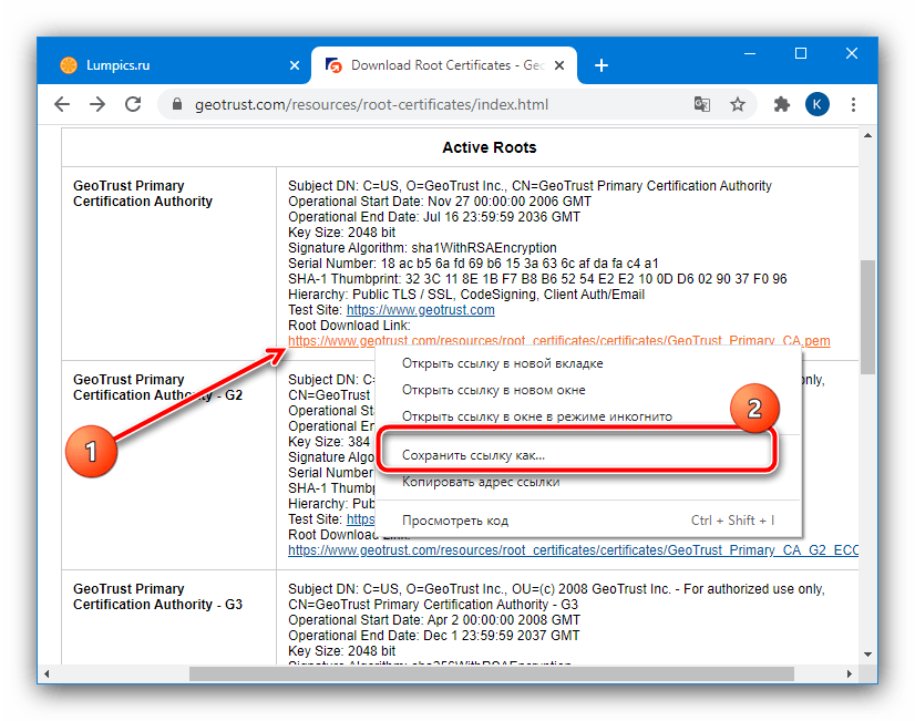Загрузка файла сертификатов для устранения ошибки «Сертификат безопасности сайта не является действительным» в браузере