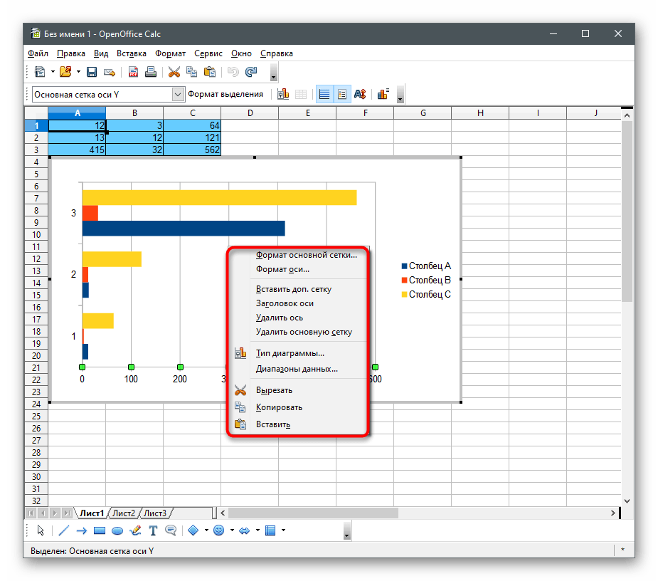 Вызов контекстного меню управления элементом для построения диаграммы по числовым данным в программе OpenOffice Calc