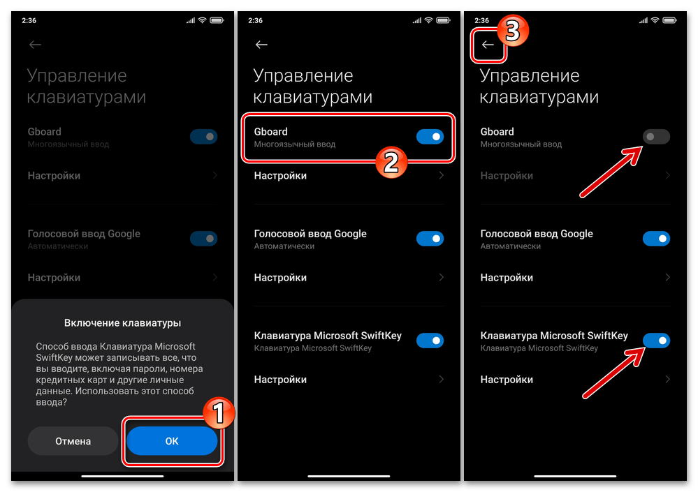 Xiaomi MIUI - Подтверждение включения установленной отдельн виртуальной клавиатуры в Настройках ОС, деактивация других модулей ввода текста в девайс