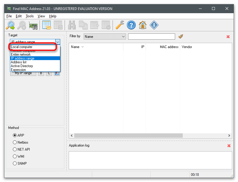 Изменение типа мониторинга в программе для определения MAC-адреса компьютера на Windows 10