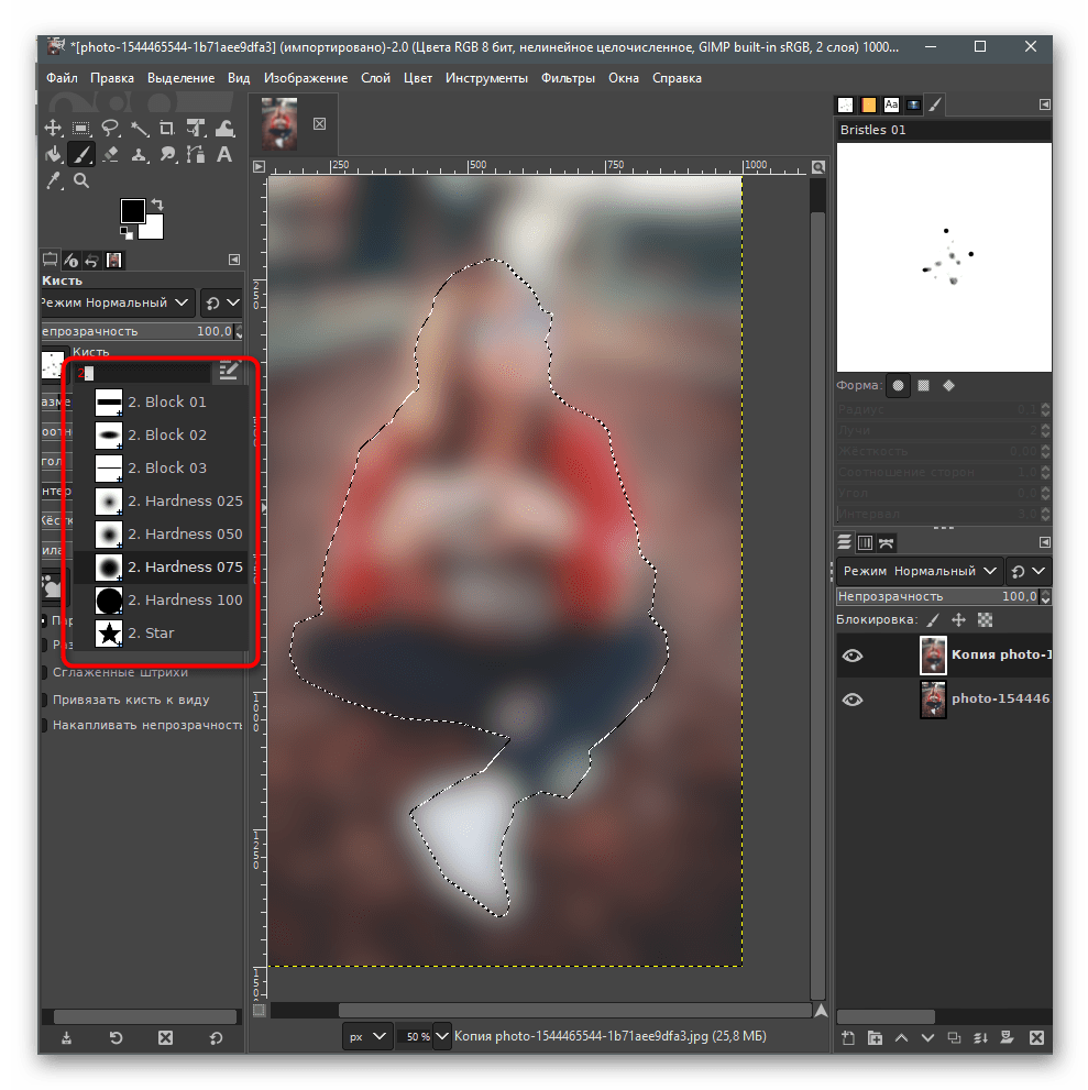 Настройка инструмента Кисть для размытия заднего фона на фото в GIMP