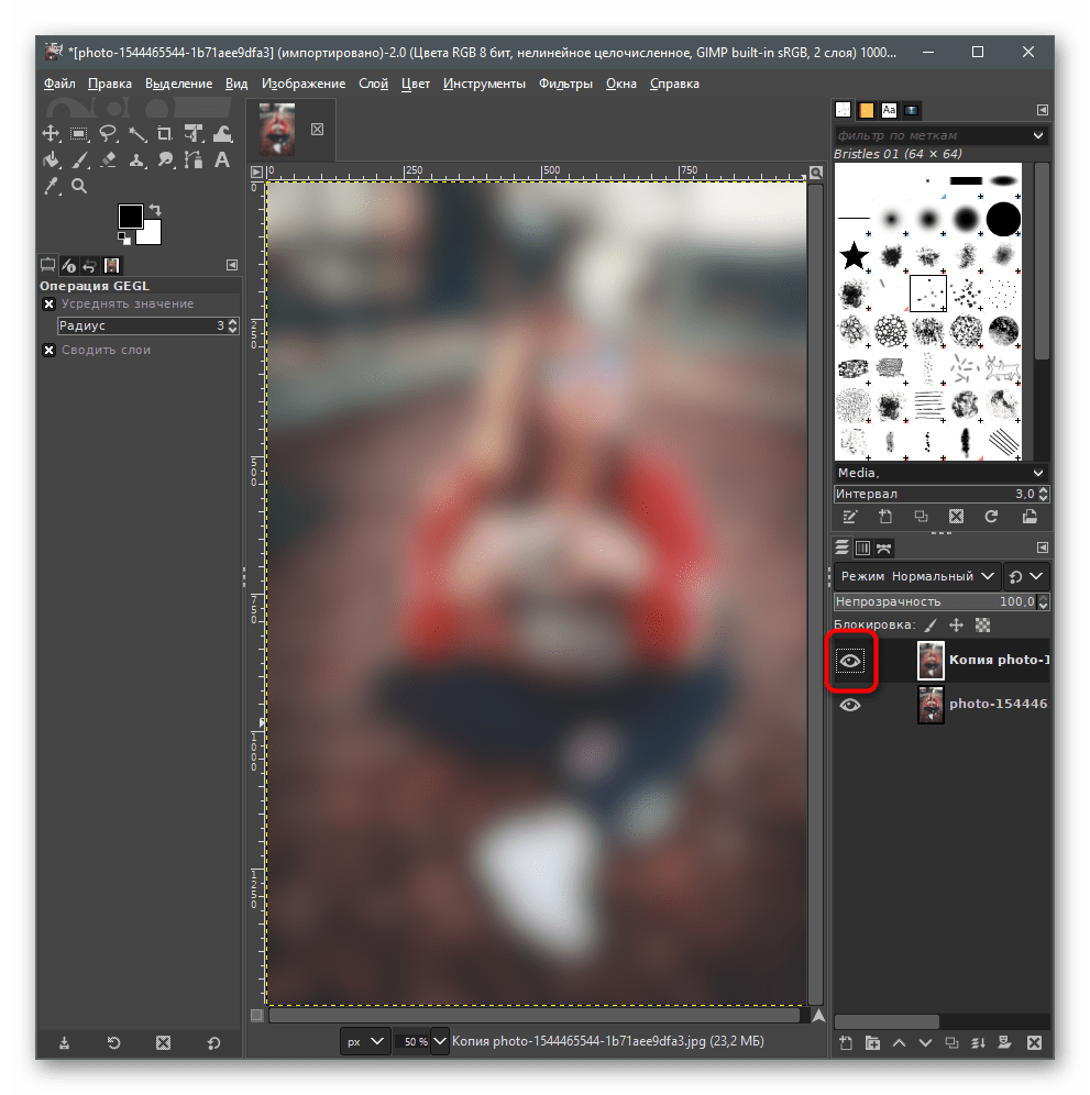 Отключение верхнего слоя для размытия заднего фона на фото в GIMP