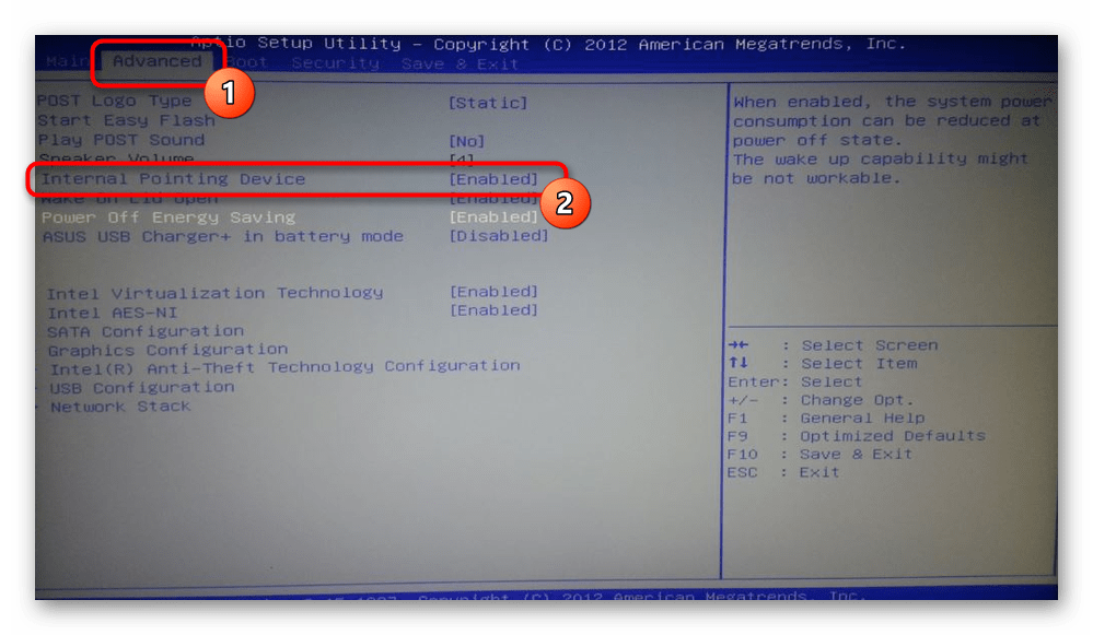 Включение тачпада в классическом UEFI BIOS ноутбука Acer
