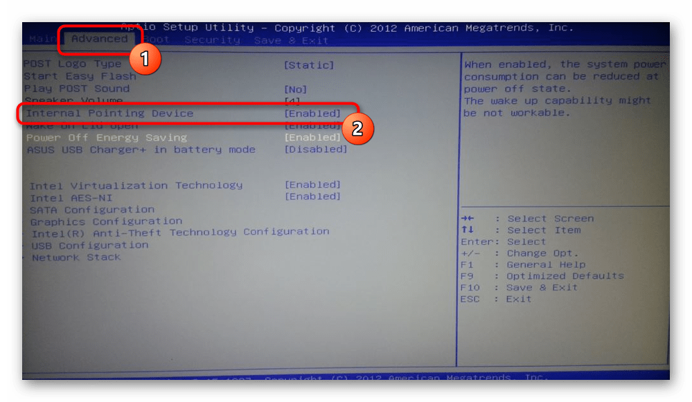 vklyuchenie tachpada v klavssicheskom uefi bios noutbuka asus