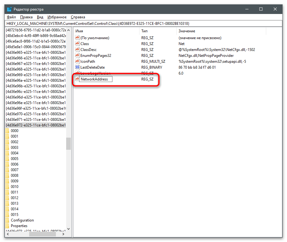 Ввод названия для параметра в редакторе реестра для изменения MAC-адреса компьютера в Windows 10