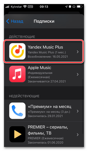 Выбор действующей подписки Яндекс Плюс в параметрах профиля в App Store на iPhone