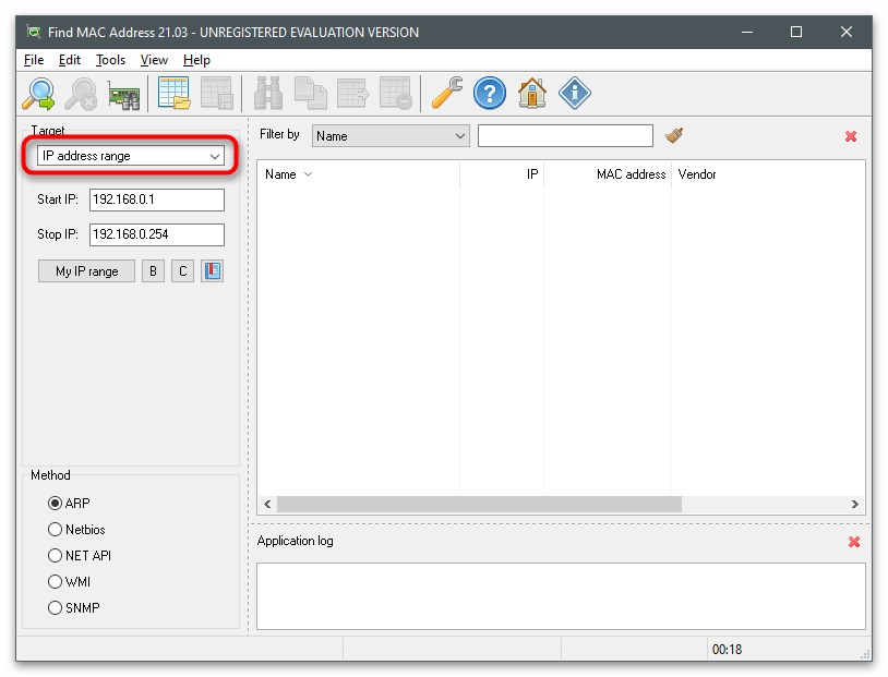 Выбор типа мониторинга в программе для определения MAC-адреса компьютера на Windows 10