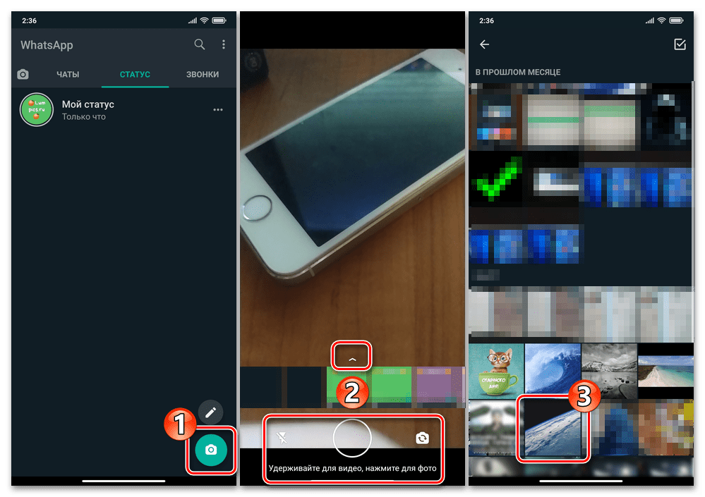 WhatsApp для Android - создание графического статуса из сделанного камерой девайса или сохранённого в его памяти фото либо видео