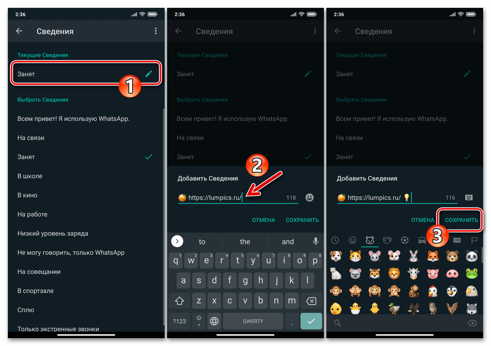 WhatsApp для Android - замена текста статуса в мессенджере, сохранение изменений