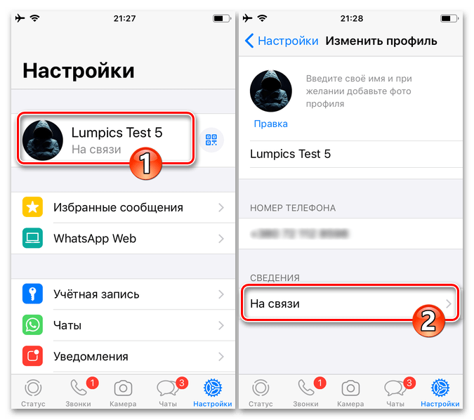 WhatsApp для iPhone - Настройки мессенджера - переход к редактированию своего текстового статуса в сервисе