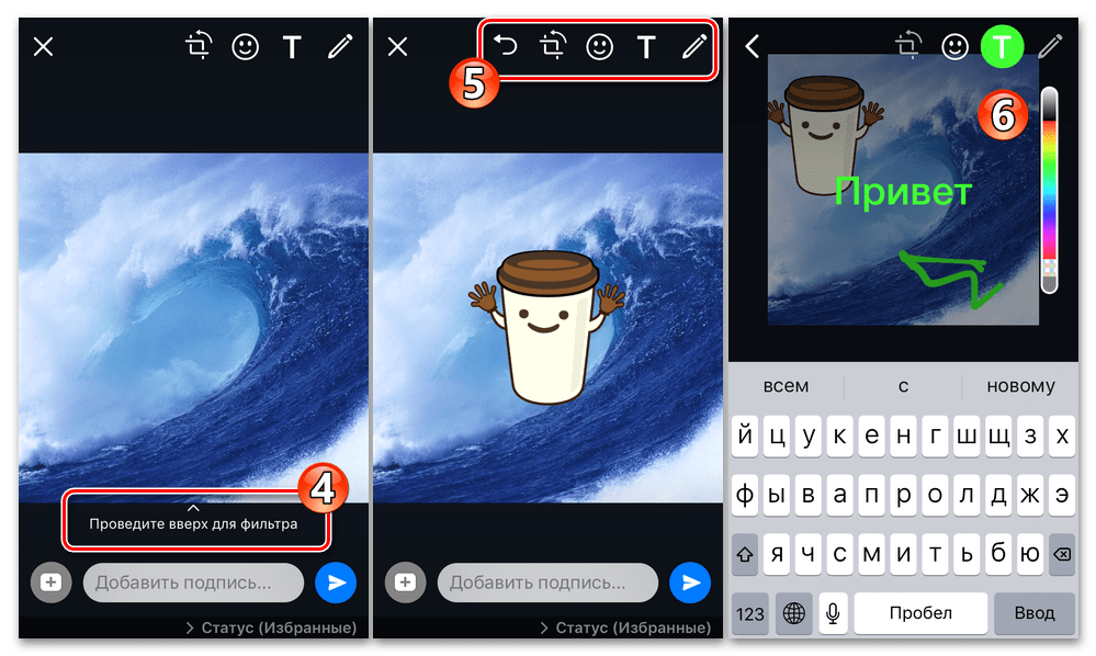 WhatsApp для iPhone - редактирование фото или видео при создании из него графического статуса