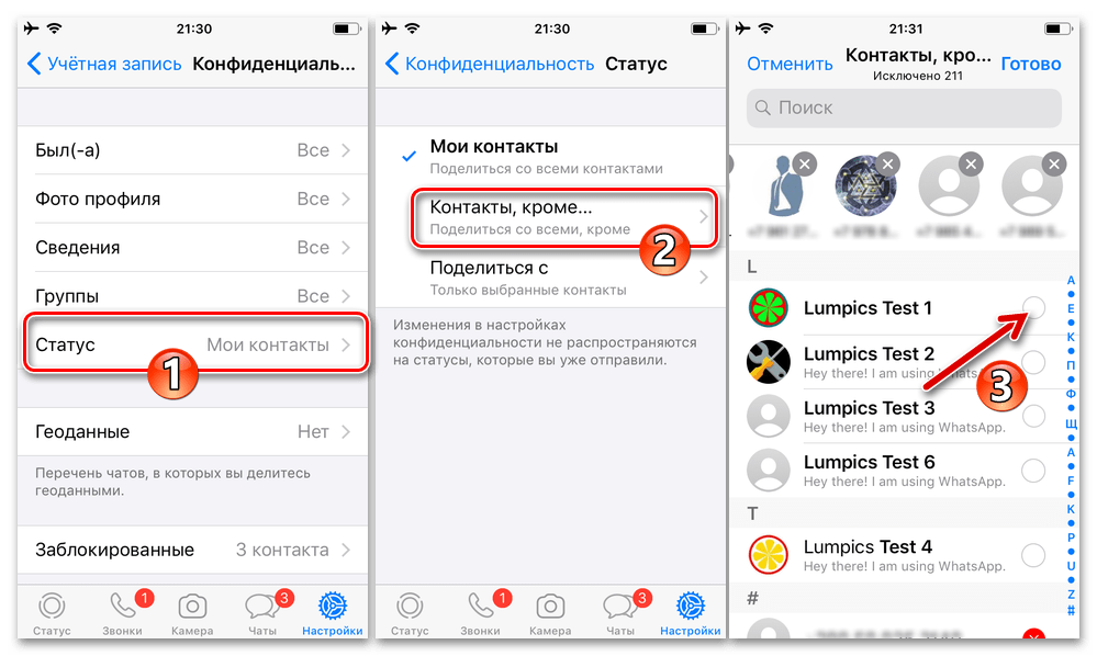 WhatsApp для iPhone - выбор параметров конфиденциальности графического статуса в настройках мессенджера
