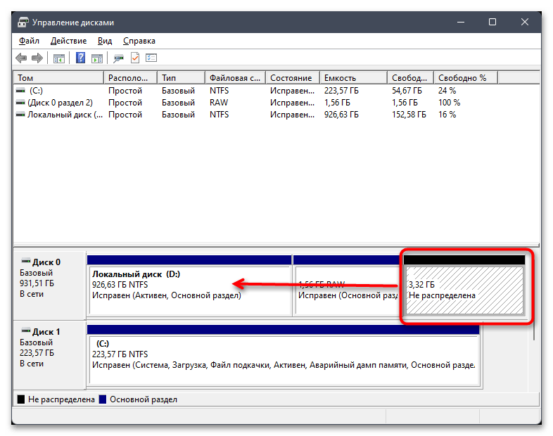 Расширить том не активно в Windows 11-010