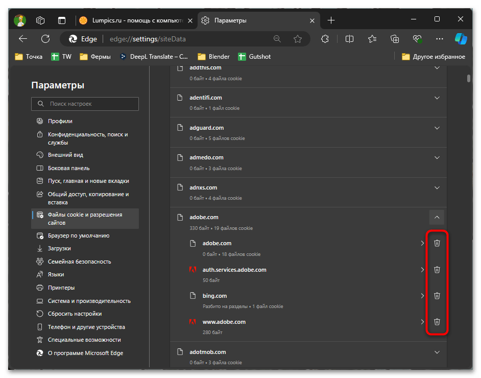 как почистить куки в Edge-012