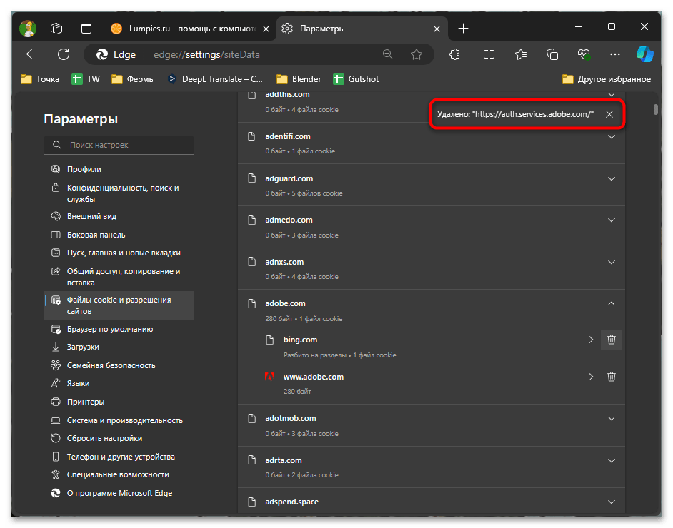 как почистить куки в Edge-013
