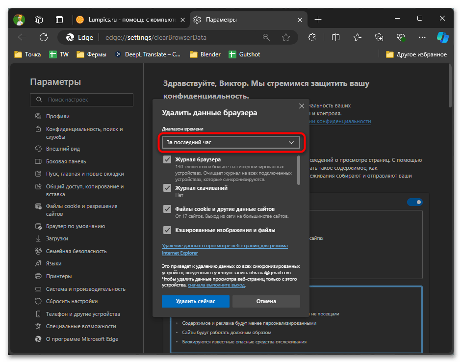 как почистить куки в Edge-03