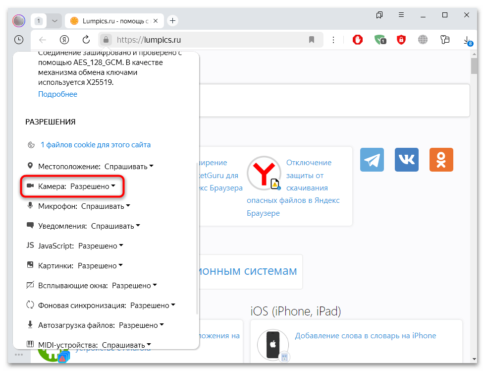 как разрешить доступ к камере в яндекс браузере-03