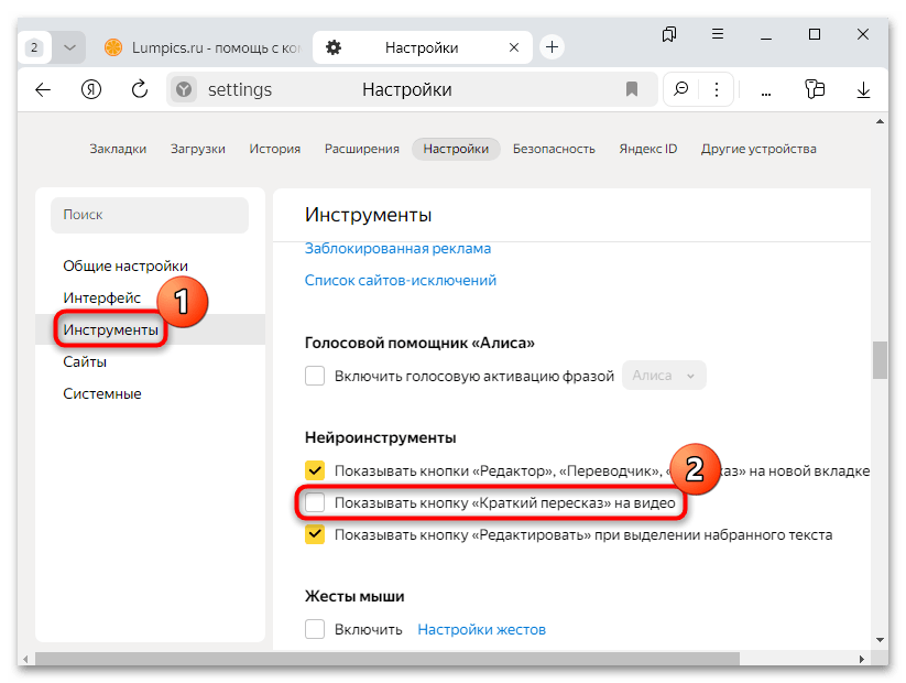 как убрать кнопку пересказать в яндекс браузере-03